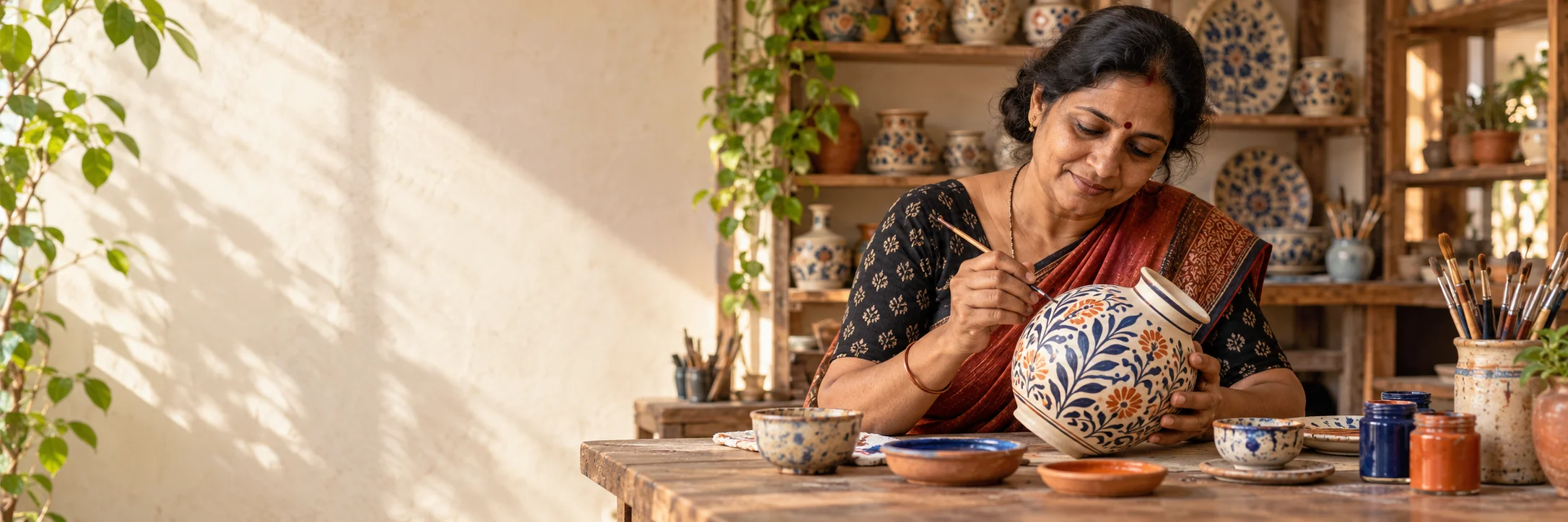 Indian artisan working in a craft studio
