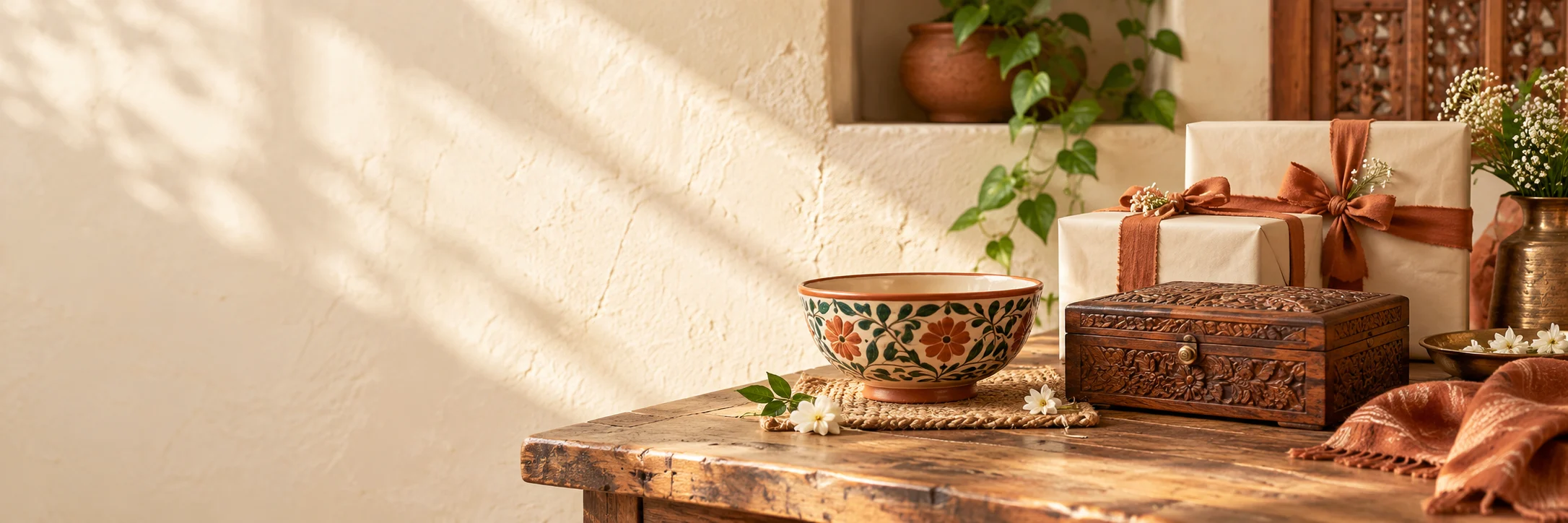 Wrapped gifts, ceramics and a wooden keepsake box