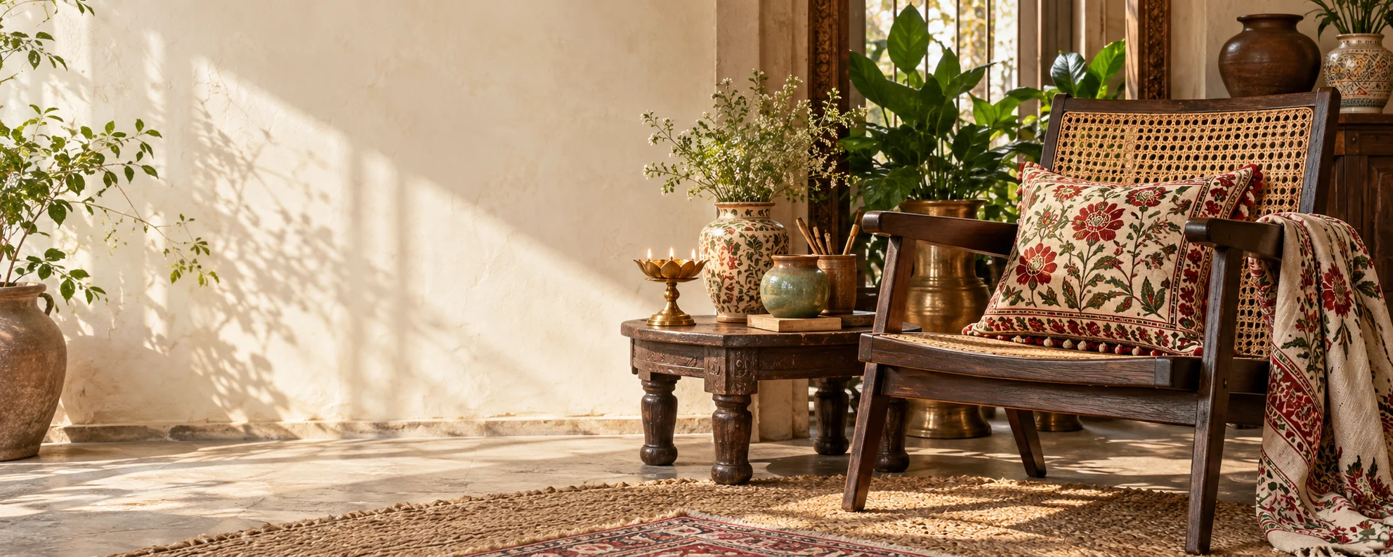 Handcrafted objects in a sunlit Indian home