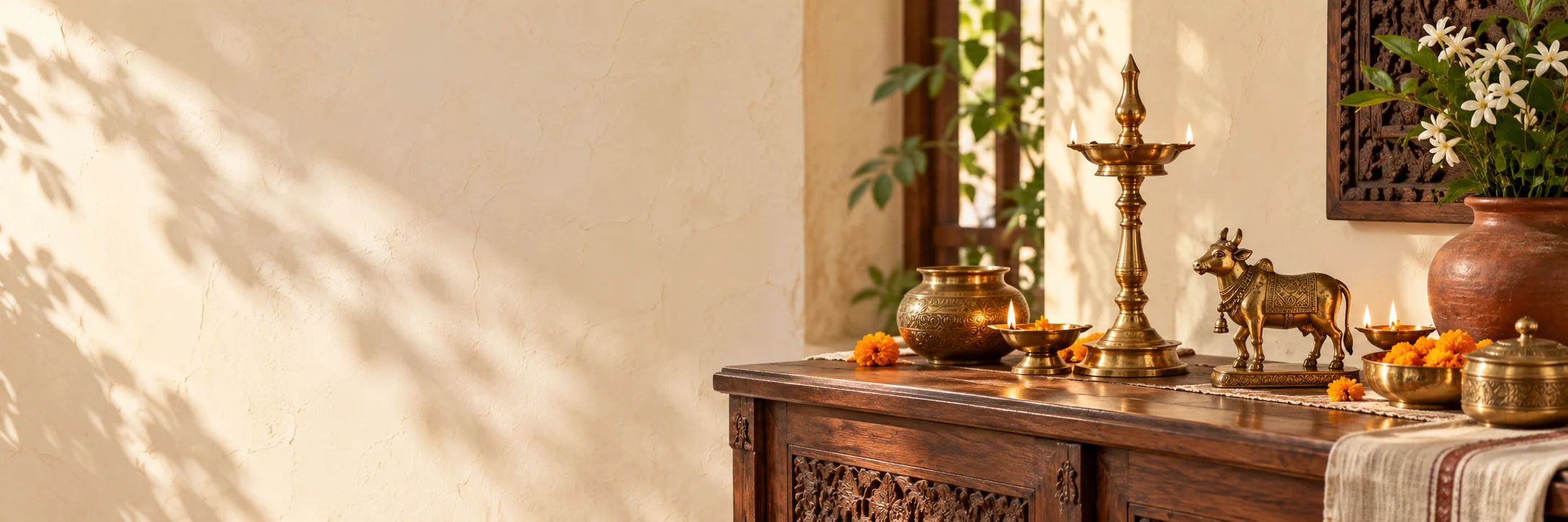 Brass lamps and metalwork in a sunlit interior