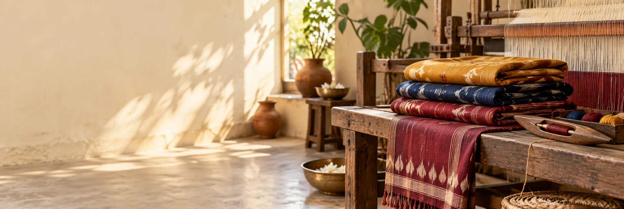 Handwoven textiles beside a wooden loom