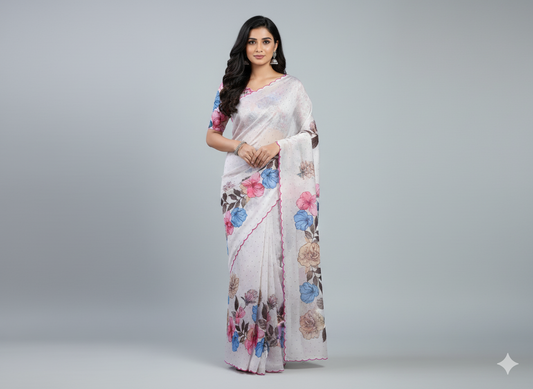 ZAKA floral white saree