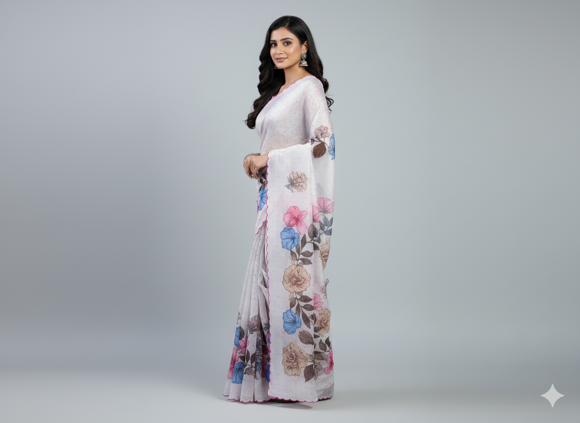 ZAKA floral white saree